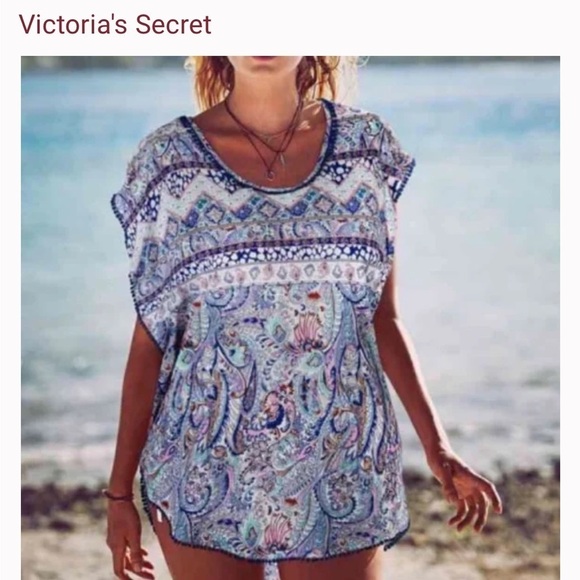 VICTORIA Secret Paisley Boho Print Tassel Pom Pom Trim SwimSuit Coverup Size L - Picture 1 of 11